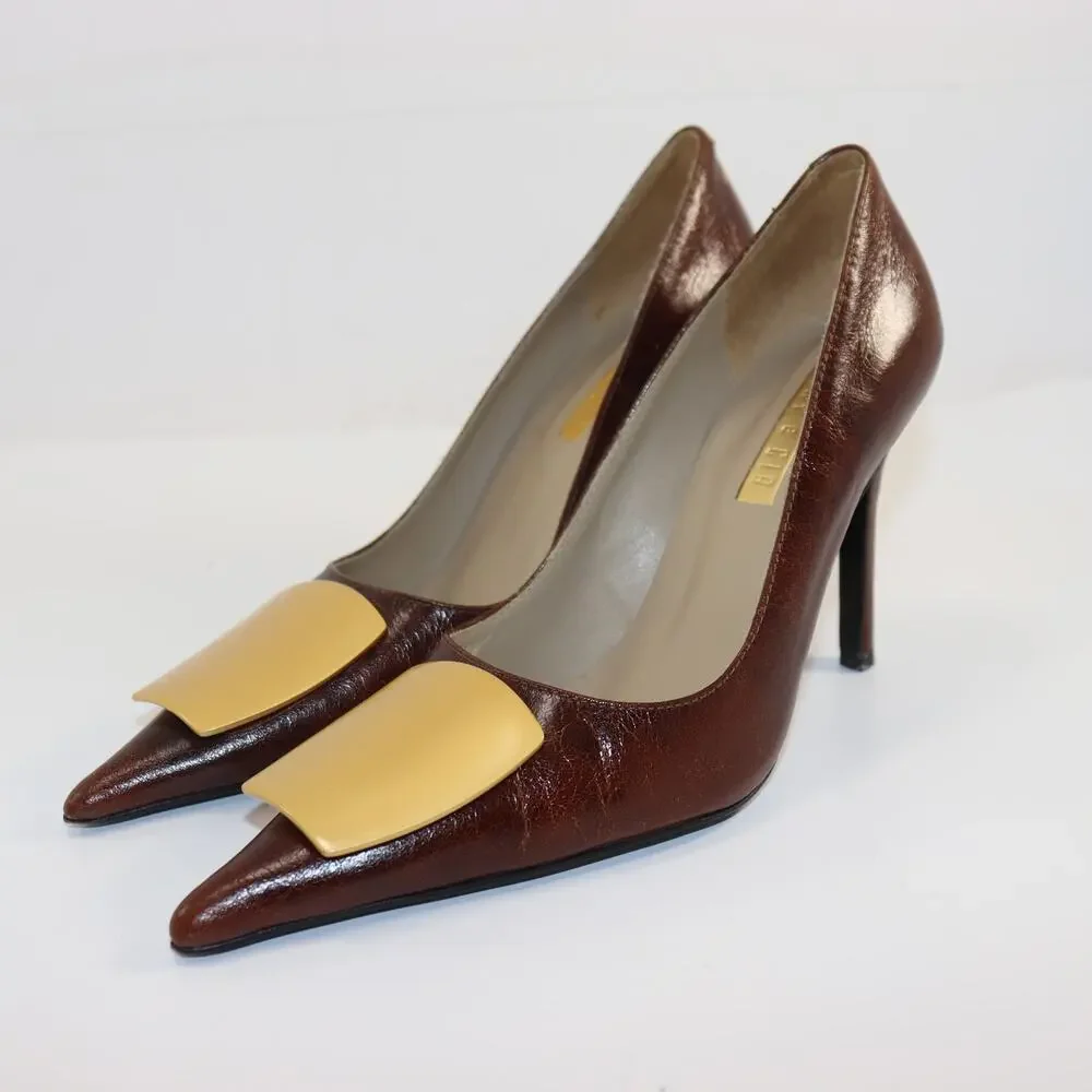 Lenny e Cia Brown Leather Gold Accent Heels‎ Size 6.5